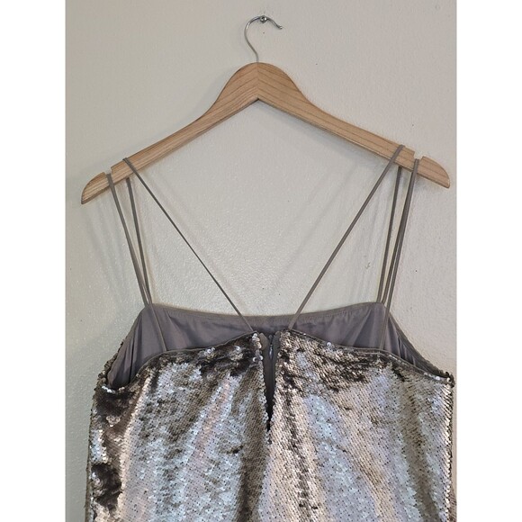 BANANA REPUBLIC Strappy Silver Sequin Mini Dress Size 12 Silk Overlay Party - Picture 8 of 12